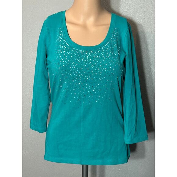 Ann Taylor Teal Embellished Rhinestone Scoop Neck Top Sparkly Evening Blouse S - Picture 1 of 4